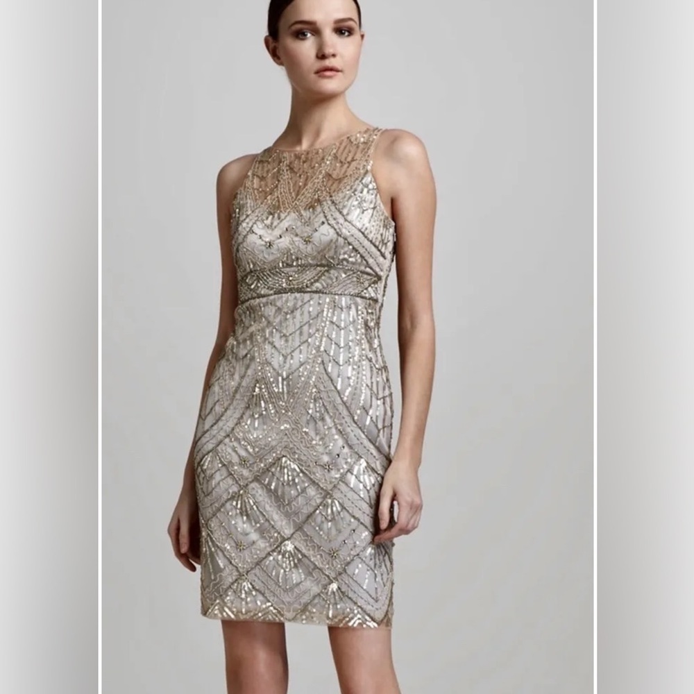 SUE WONG 14 Champagne Silver sequin embellished beaded cocktail formal dress NEW